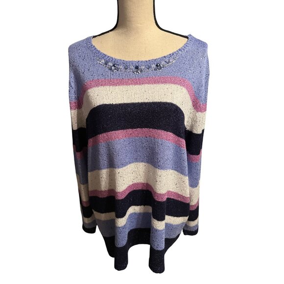 Alfred Dunner Striped Sequin Sweater Soft 3/4 Sleeve Soft Shiny Size 2X - Picture 1 of 6